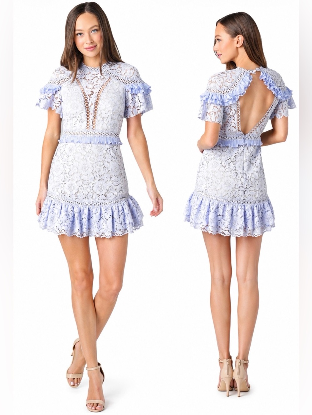 SAYLOR, NWT Julep Floral Lace Open Back Mini Dress Hydrangea Color, Size Medium